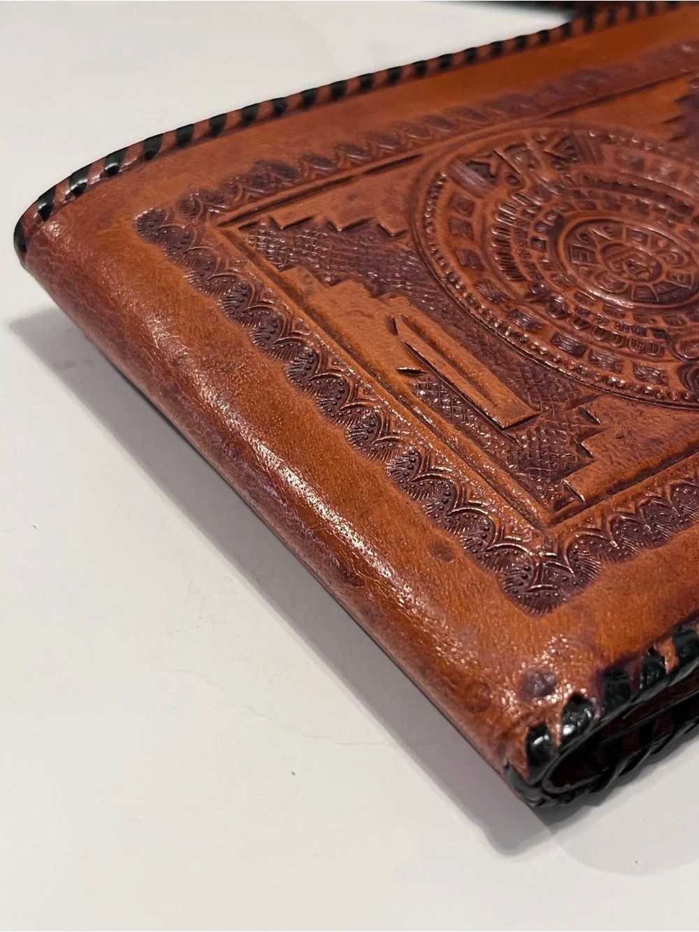 Vintage Handcrafted Leather Aztec Calendar Embossed Wallet & Check Book